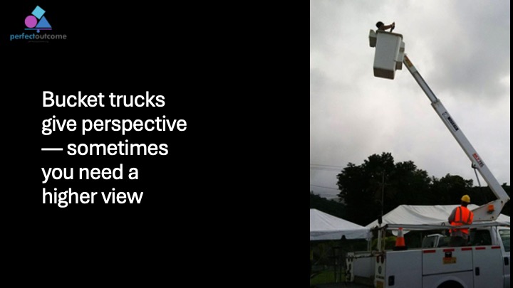 Bucket truck used during event setup to highlight the importance of gaining perspective and maintaining safe working practices.